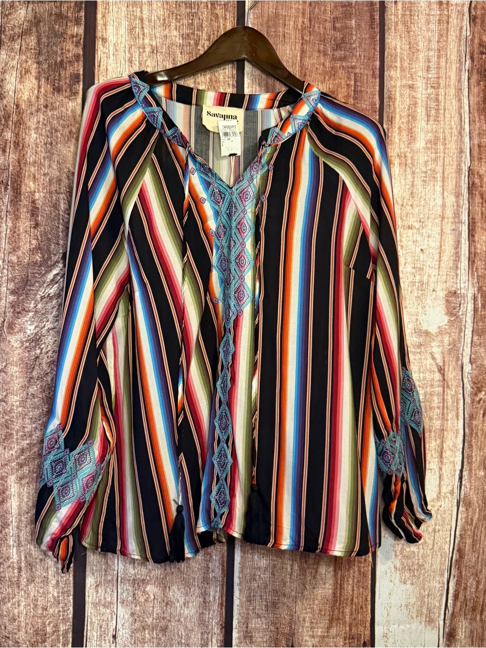NWT Savanna Jane Multicolor Striped V-Neck Top Embroidered Trim